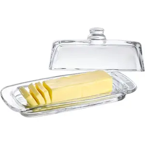 8'' Art Glass Butter Dish with Lid Classic Covered 2-Piece Butter Container For Countertop Multi-Purpose Preserving Serving Dessert Tray Bowl Dishwasher Safe