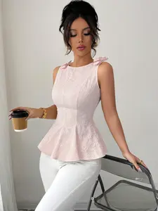 New Women's Woven Texture Small Flower Fabric Shoulder Strap Bow Design Waist Cinching Hem Ruffle Casual Fashion Versatile Elegant Vest Tops