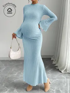 Maternity Pregnant Women Solid Color Flared Sleeve Ribbed Fitted Mermaid Hem Elegant Dress Knit Maxi Dress Baby Blue Maternity Dress Maternity Dress Knit Dress Pregnancy Dress For Photoshoot