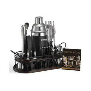 VEVOR Cocktail Shaker Set, 18 - Piece Stainless Steel Bar Tools with Bamboo Stand, Martini Bartender Kit Accessories Mixer Spoon, Muddler, Jigger, Strainer, Liquor Pourers, Ice Tong, Corkscrew, SilverVEVOR Super Brand Day