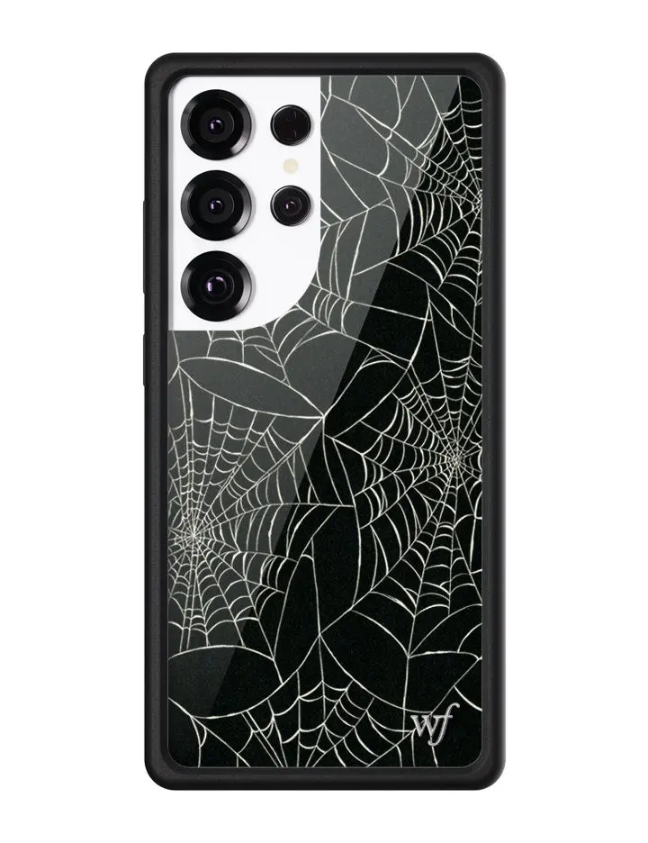 Itsy Bitsy Spider | Limited Edition Trendy Samsung Galaxy Case | Raised Protective Black Bumper | Women Owned Small Business | Black Background White Spider Cobwebs Aesthetic Cute Design | Safety Casing Protective | Gift for Her