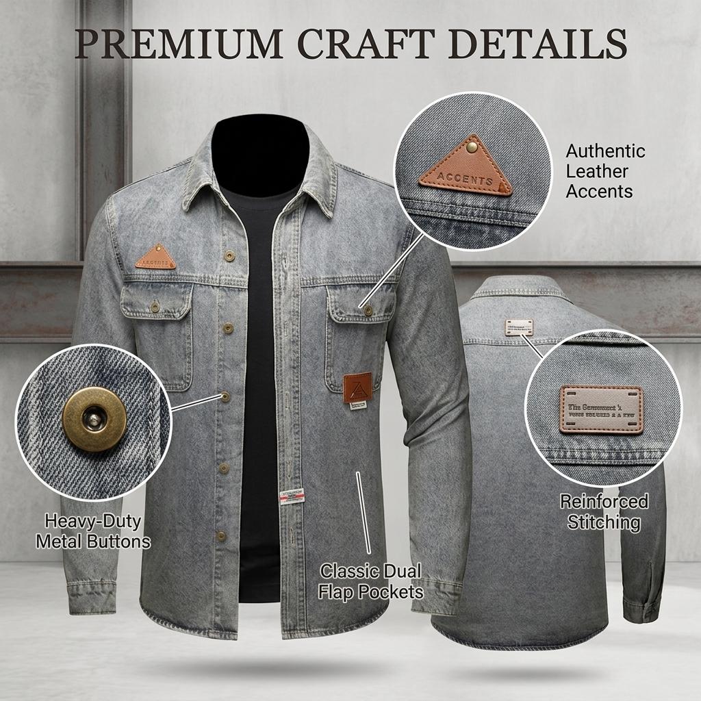 Men's  Washed Denim Shirt, Retro Distressed Biker  Shirt， Classic Trucker Shirt with Shoulder Stitching, Casual Button-Down Motorcycle Denim Shirt  for Men, Fashion Streetwear Denim Shirt for Daily Wear, Riding, Outdoor