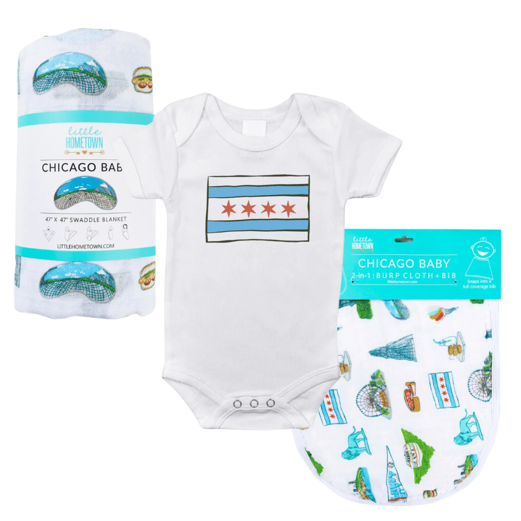 Chicago Flag Baby Gift Bundle Swaddle, Bib, and Onesie