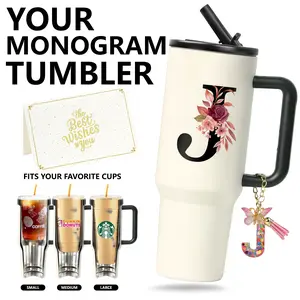 ZIOSINM Personalized Initial 40oz Tumbler with Handle, Leak-Proof Insulated Cup, 12H Ice Cold Beach Pool Travel Mug with Custom Keychain Gift Box Set