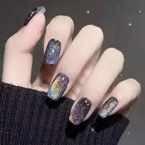 24pcs Aurora False Nail Cat Eye Black Fake Nail Full Cover Glitter Coffin Press on Nail Bride Lady Manicure Acrylic Nail Tip Nail Art Nail Care Nail Polish Polish Cosmetic Cutics