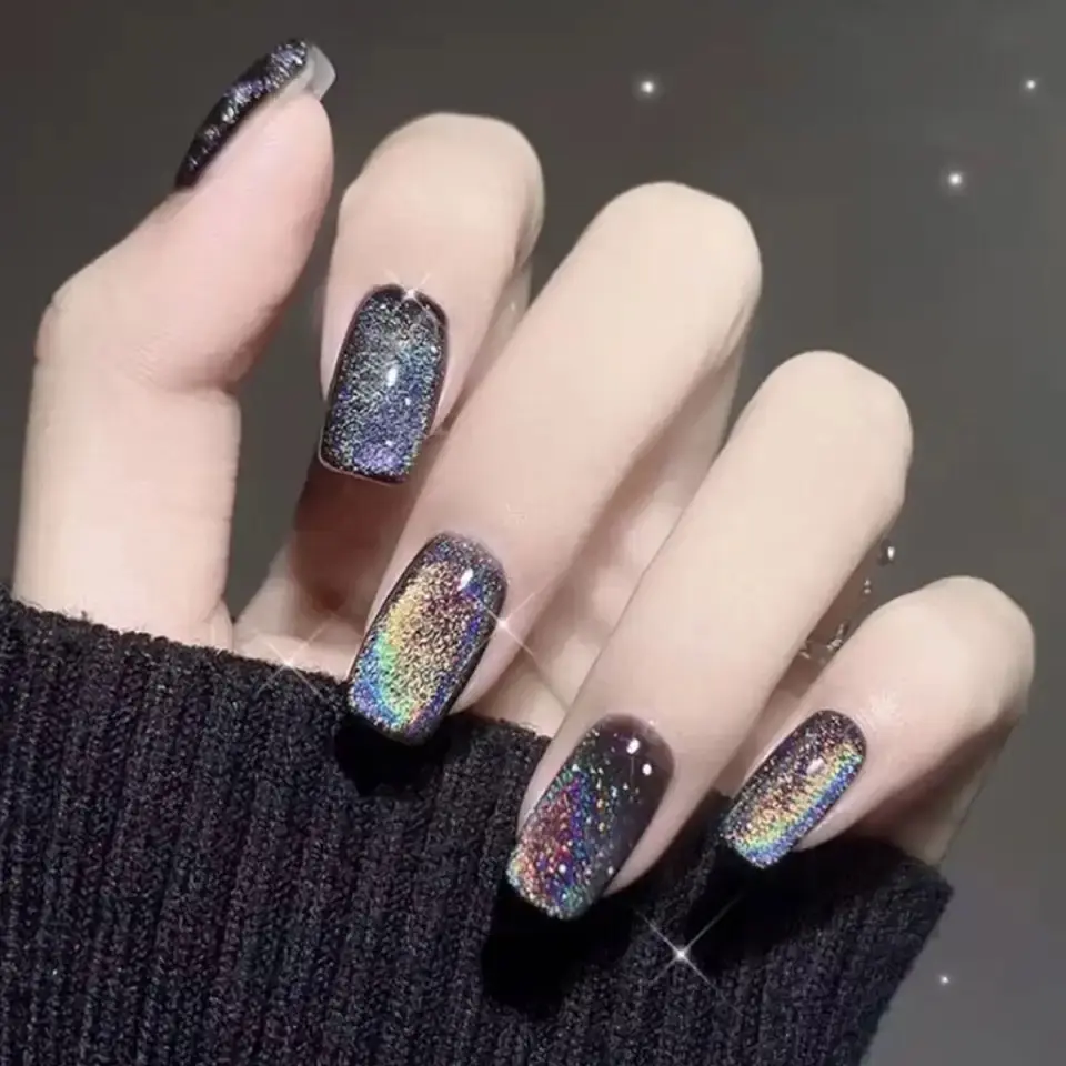 24pcs Aurora False Nail Cat Eye Black Fake Nail Full Cover Glitter Coffin Press on Nail Bride Lady Manicure Acrylic Nail Tip Nail Art Nail Care Nail Polish Polish Cosmetic Cutics