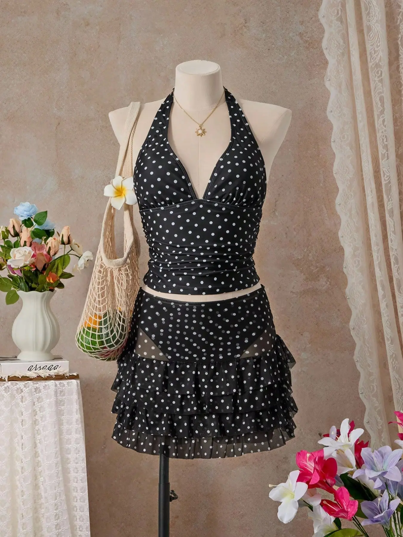 Women's Fashion Tankini Swimsuit Set, Three-Piece Polka Dot Bikini, Elegant Fitted Summer Tankini Beach Swimwear, All Seasons Beachwear, Stylish Swimsuit, Swimsuit For Beach