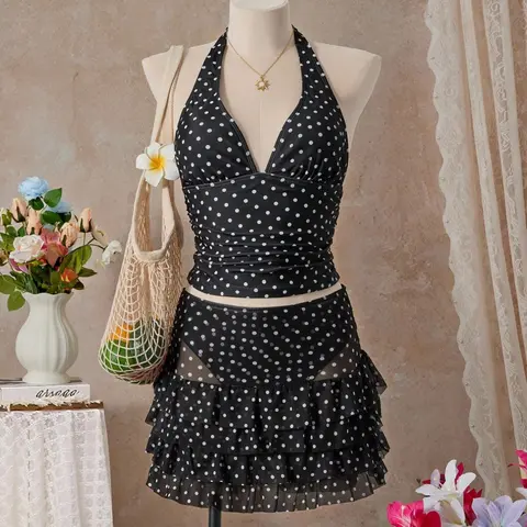 Women's Fashion Tankini Swimsuit Set, Three-Piece Polka Dot Bikini, Elegant Fitted Summer Tankini Beach Swimwear, All Seasons Beachwear, Stylish Swimsuit, Swimsuit For Beach, Stylish Bathing Suit