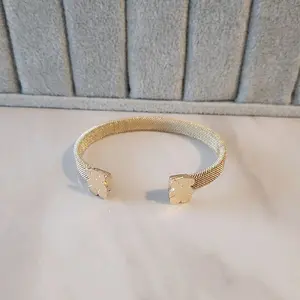 Elegant Gold-Tone Mesh Cuff Bracelet with Unique Square Charm for Everyday Wear Stainless Steel Brazalete