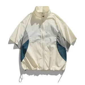 Trendy streetwear color-block spliced short-sleeve athletic shirt; unisex summer couple matching loose casual shirt; quick-dry stand-collar short-sleeve shirt; lightweight summer loose casual sports shirt; adjustable drawstring hem design