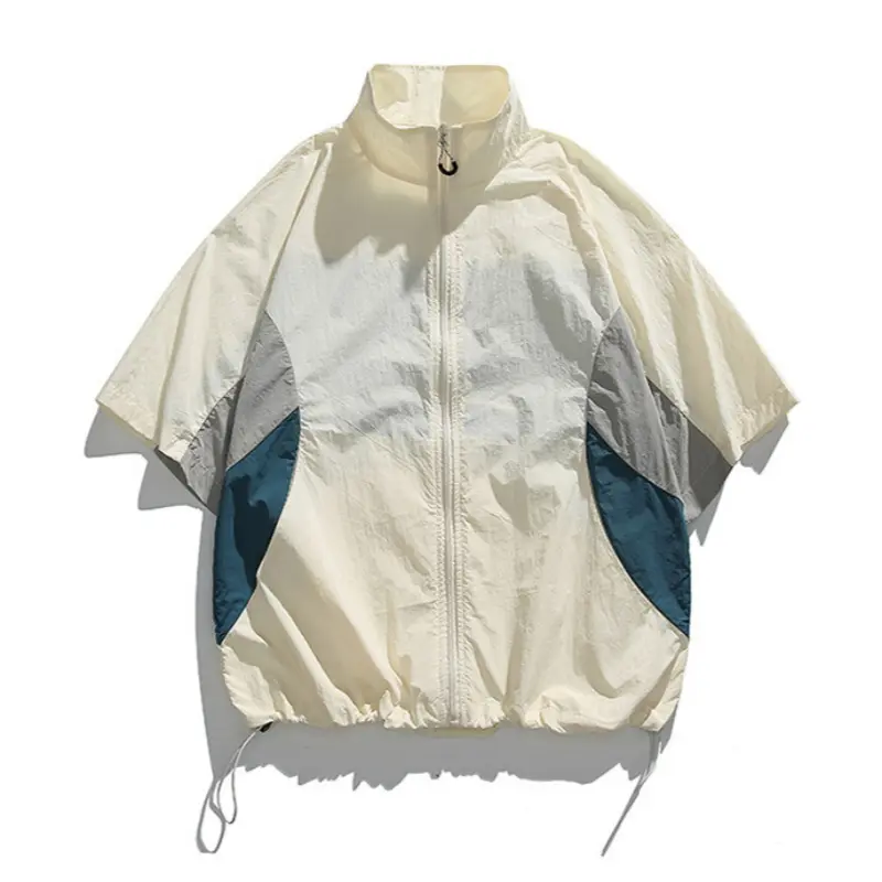 Trendy streetwear color-block spliced short-sleeve shirt; unisex summer couple loose casual shirt; quick-dry stand collar short-sleeve shirt; lightweight summer loose casual sports shirt; adjustable contractible hem design #SummerWins #fathersdaygift