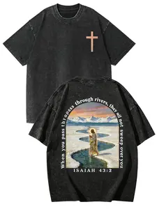 God's Promise Isaiah 43:2 T-Shirt | Jesus Walking On Water Cross Print Christian Bible Verse Tee, Unisex for Men Women, 230g Washed Cotton All Season Breathable Vintage Casual Top, No Crack White Ink Heat Transfer Faith Church Wear