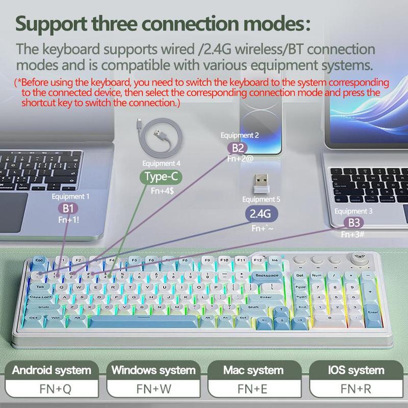 AULA F3099 three-mode, 99-key layout, light tone keys, cool RGB lighting effect, multi-function knob, ergonomic design, long battery life, compatible with computers, notebooks, mobile phones, membrane keyboard, Rgb Backlit Keyboard