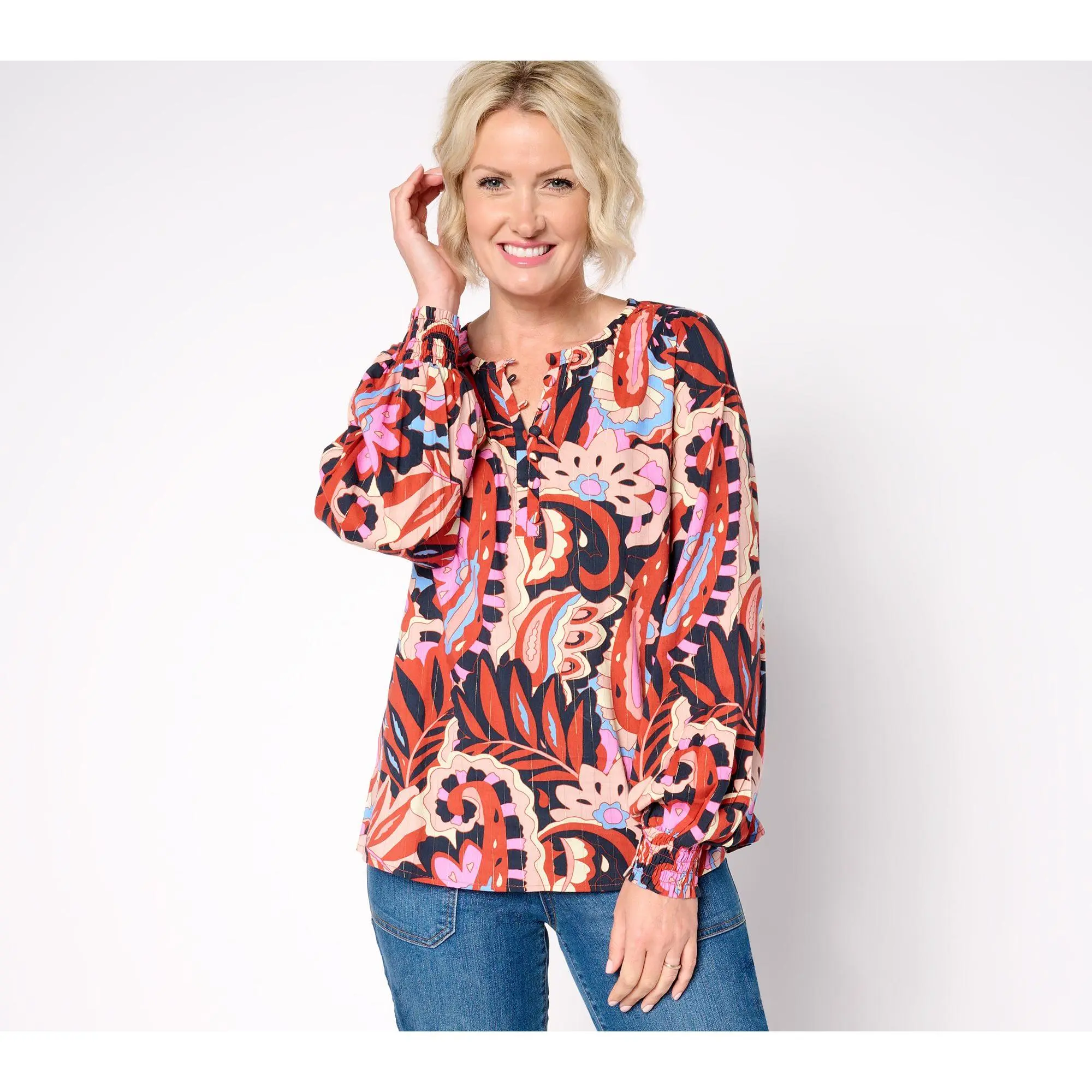 Belle Boho by Kim Gravel Autumn Tapestry Smocked Sleeve Blouse