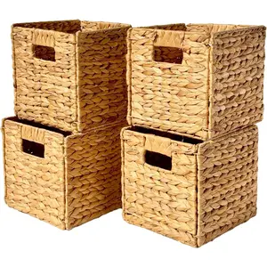 4 Decorative Hand-Woven Water Hyacinth Wicker Storage Basket, 9x9x9