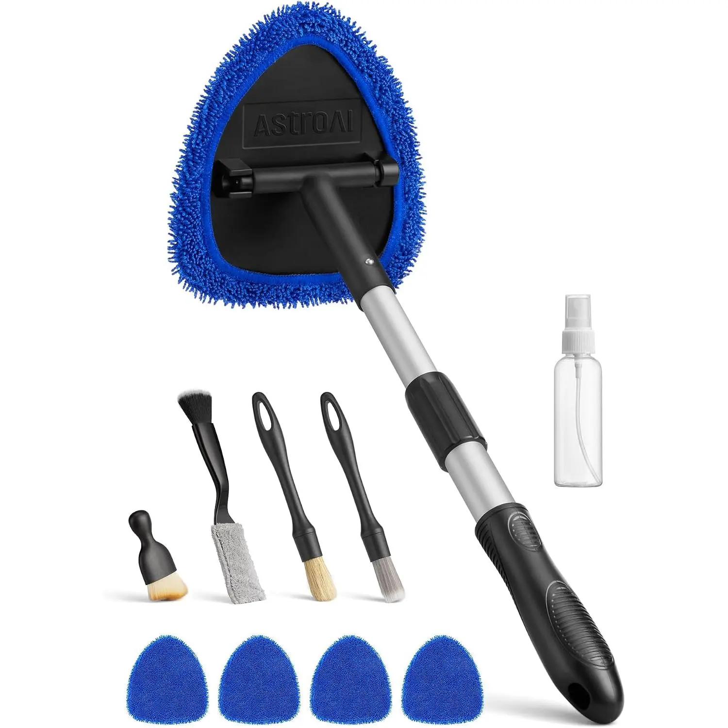 AstroAI 10 pcs Windshield Cleaner Tool & Car Interior Detailing Kit | Extendable Handle, 4 Cleaning Brushes, 4 Reusable Microfiber Pads, Scratch-Free for Leather Seats, Blue