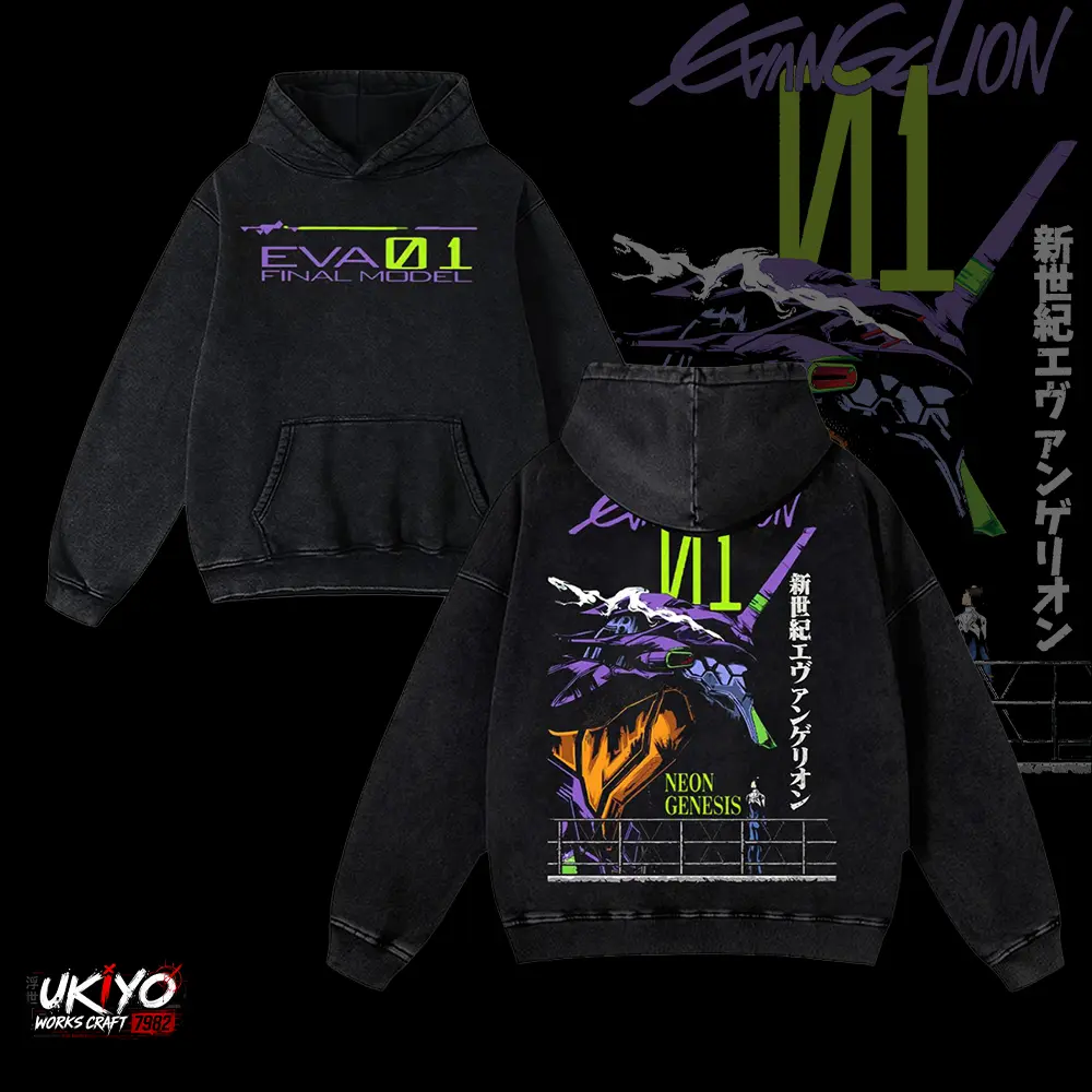 EVA-01 NEON GENESIS EVANGELION Unisex Fit Double Printed Vintage Washed Hoodie Sweatshirt T-shirt Unisex Heavyweight Cotton graphic tees, Bookish Shirt comfort color men gifts