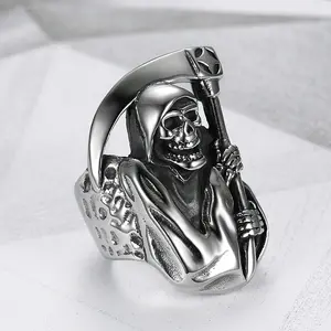 Gothic Punk Halloween Gift, Death Reaper Scythe Skull Stainless Steel Men's Ring Party, Street Style, Fashionable Matching, Give Men Gift Jewelry