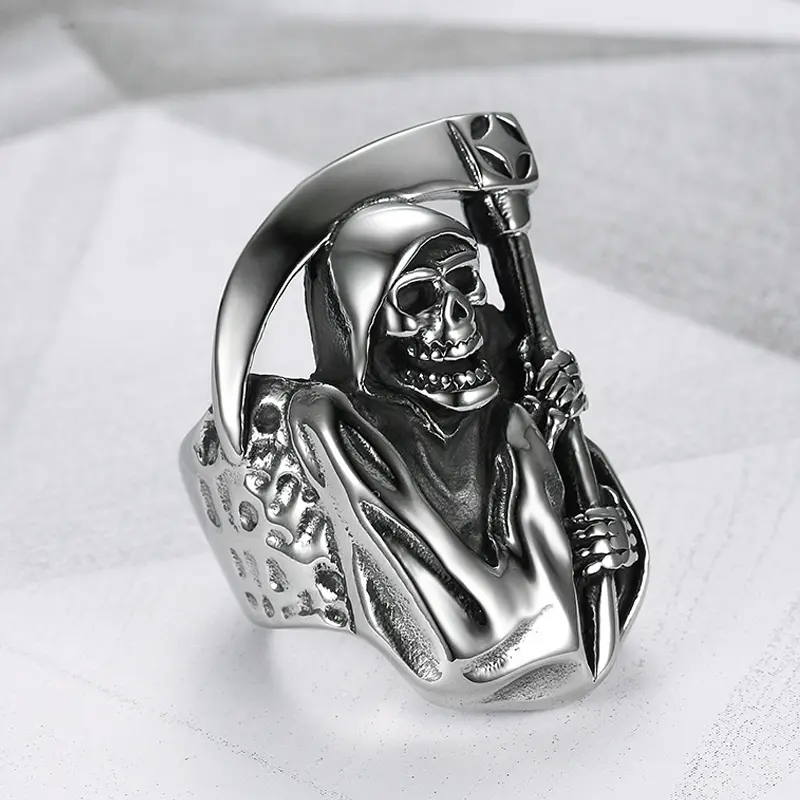 Stainless Steel Death Reaper Scythe Skull Men's Ring, Gothic Punk Street Style Costume Jewelry, Halloween Gift for Men, Fashionable Inspirational Trauma Jewelry Accessory, Inspirational Trauma Ring, Skeleton Metal Rings