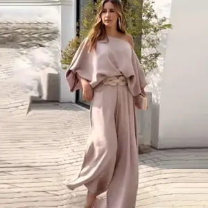 Summer 2025 new off-the-shoulder lantern-sleeve loose top and wide-leg pants set for European and American foreign trade is irregular