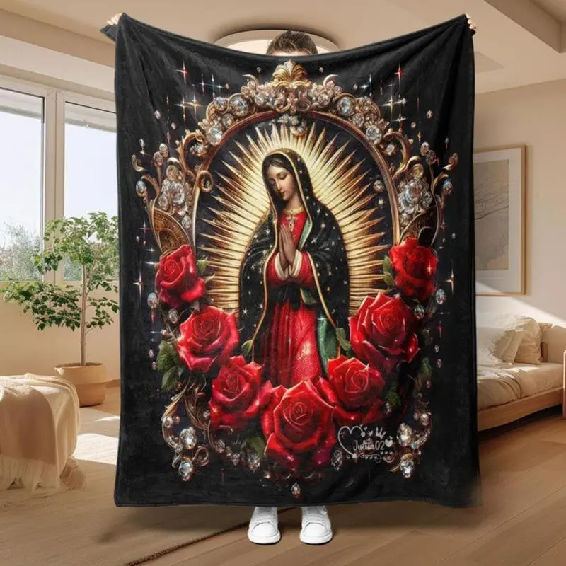 Soft Comfy Lightweight Throw Blanket with Virgin Mary Design - Decorative Giftable Blanket for Bedroom, Warm for Home or Office Nap Use, Travel Day Gift, Decorative Giftable Blankets