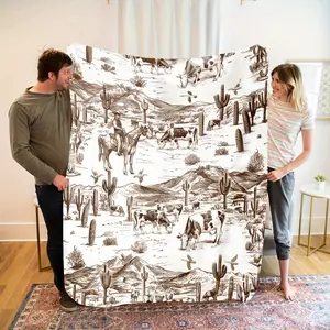 Western Ranch Throw Blanket - Soft Flannel-Like Polyester Fiber - Brown and White Desert Landscape with Cowboy and Cactus Pattern - All-Season Sofa, Bed, Camping Travel Blanket - Machine Washable Country Home Decor, Suitable for Cabin, Living Room, Cowboy