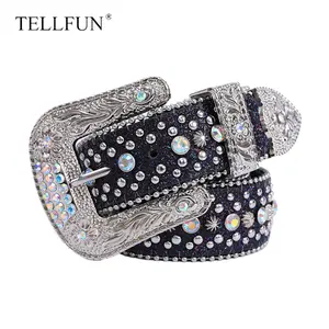 TELLFUN-Men's rhinestone belt, Western cowboy studded leather belt, rhinestone belt, jeans belt gothic diamond Punk Rock