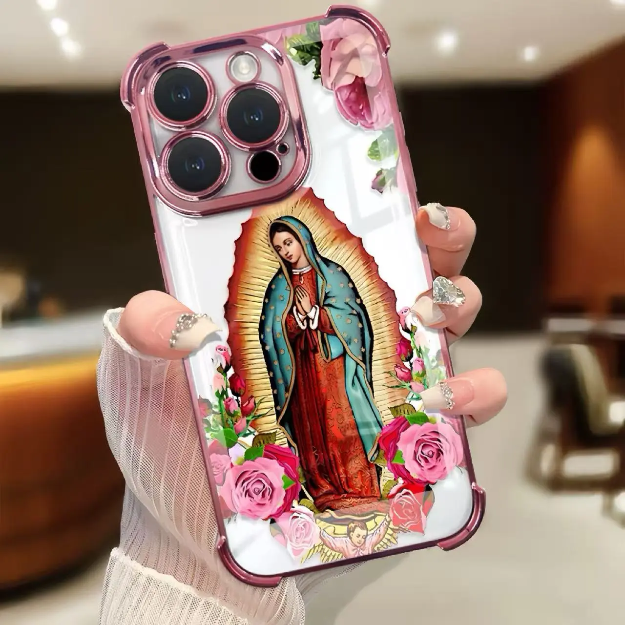 Virgin Mary flower pattern mobile phone case, four-corner anti-fall mobile phone case, suitable for iPhone11, 12, 13, 14, 15, 16, 17promax, sturdy mobile phone case tpu smartphone protective cover, Virgin Mary case