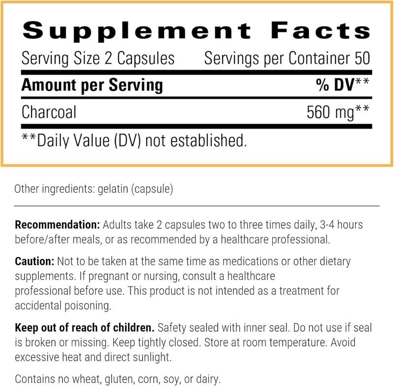 Integrative Therapeutics Activated Charcoal - Digestive & Gut Health Supplement* - Gastrointestinal Support* - Gluten-Free & Dairy-Free - 100 Capsules (50 Servings)