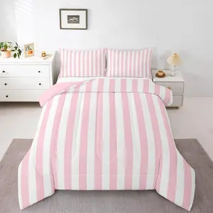 Pink White Duvet Quilt Stripes Bedding Set for Kids Boys Girls Decor Geometric Comforter Set Breathable Soft Lightweight Microfiber Abstract Modern Art Bedroom Decor Bedclothes