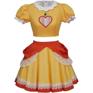 Women‘s Princess Daisy Yellow Cosplay Costume Short Dress Crop Top Skirt Suit Halloween Outfit