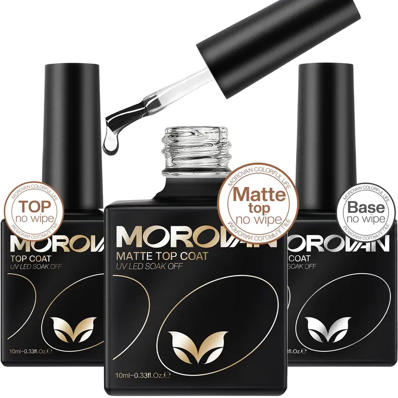 Morovan 11-Toxin Free Gel Base & Top Coat Set - No Wipe, Shiny, Matte, Soak Off, Chip-Resistant, Long-Lasting Nail Care Polish for Manicure, Cosmetic Bonding with Color Gels (Requires Nail Lamp)