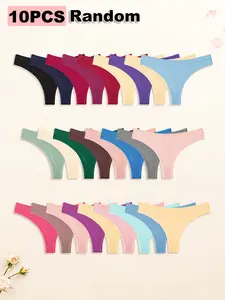 Hotcom 10Pack Random Women's Solid Color Comfortable Thong Underwear Set Casual Style Moderate Thickness Fabric All Season Wear XS XXL Everyday Womenswear - Pieces, Panties