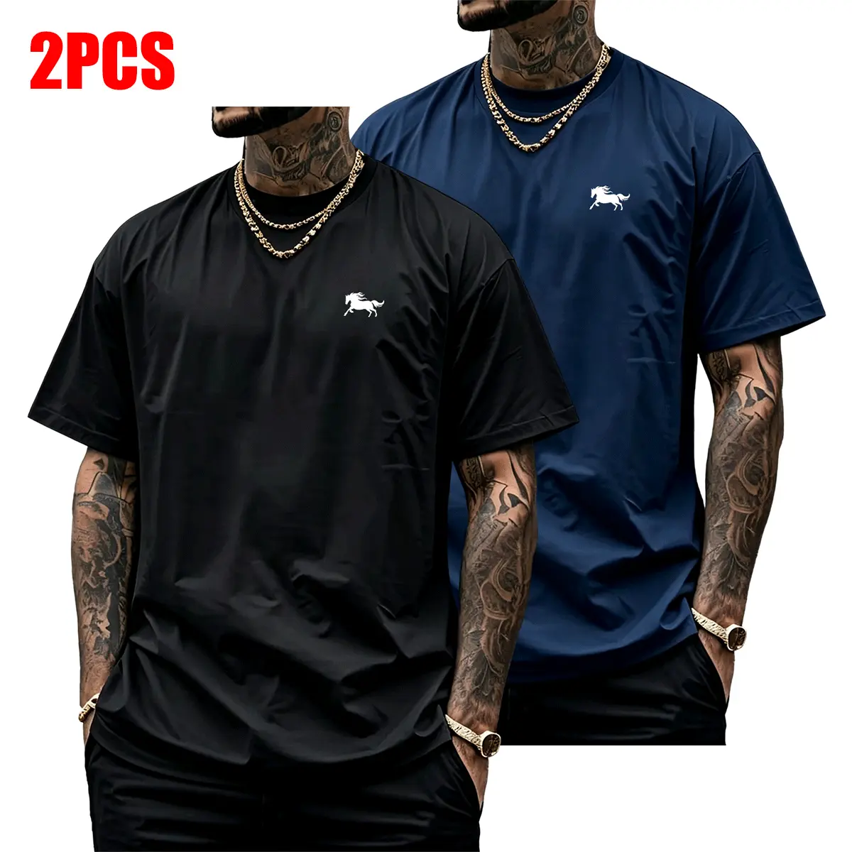 Men's 2-Pack Polyester Classic Round Neck Crewneck Tshirts, Short Sleeve Moisture-Wick Streetwear Clothing with Mustang Print, Quick-Drying, Breathable - Ideal for Everyday Activities, Casual Summer Wear, Tshirt