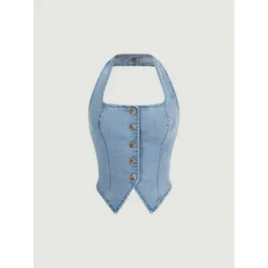 MOD Button Front Halter Neck Denim Top