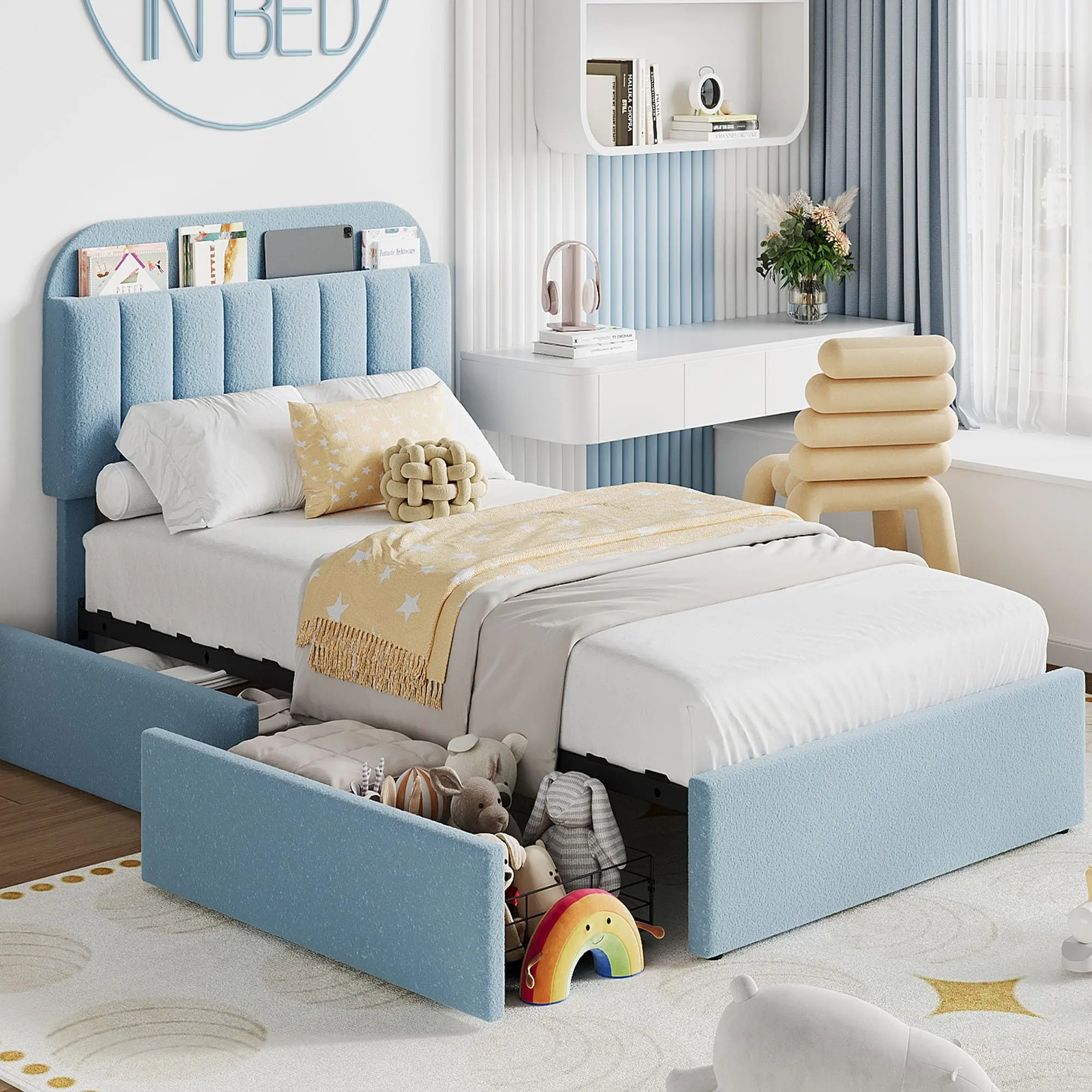 【GARVEE】Bed Frame with Storage Headboard,  Bed with 2 Drawers, Boucle Upholstered Platform Bed with Bookcase, No Box Spring Needed, Easy Assembly|Twin/TwinXL/Full/Queen