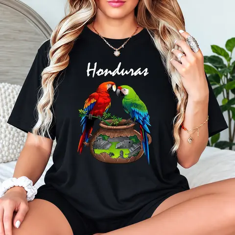 “Honduras” Parrots & Cultural Landscape Tee, Central American Heritage T - Shirt
