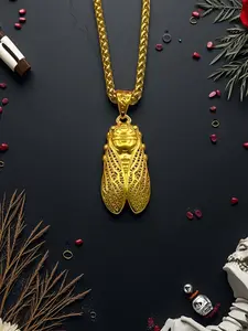 Insect Cicada Pendant Copper Plated 24k, Unique Modern Hanging Charm, Includes 24k Dragon Bone Chain, Gift for Boyfriend Birthday