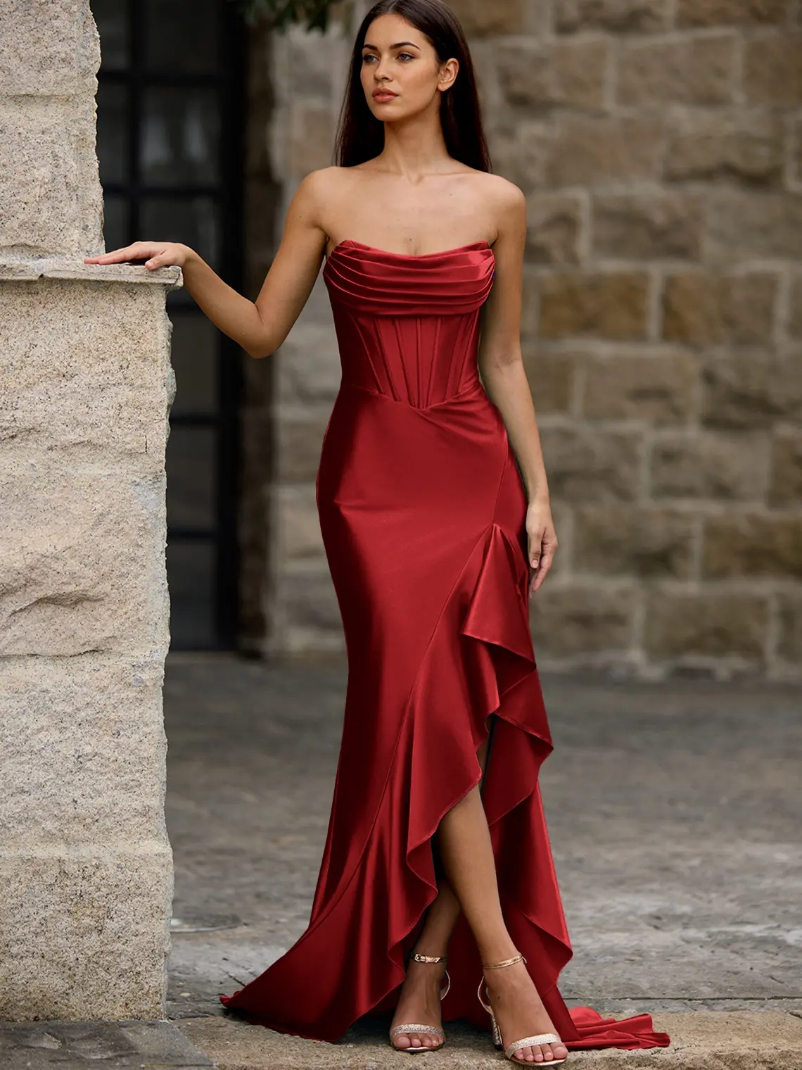 open lace back dress Stacy Satin Contrast Lace-Up Ball Gown