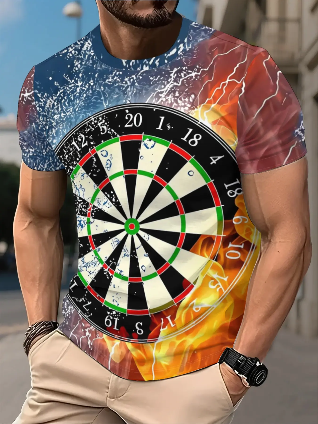 Men's Dartboard Water and Fire Color Block 3D All-Over Print Short Sleeve T-Shirt, Trendy Flame and Water Splash Gradient Crew Neck Tee, Casual Loose Fit Plus Size Breathable Stretch Men's Apparel, Dart Enthusiast's  Trendy Top, High-Definition