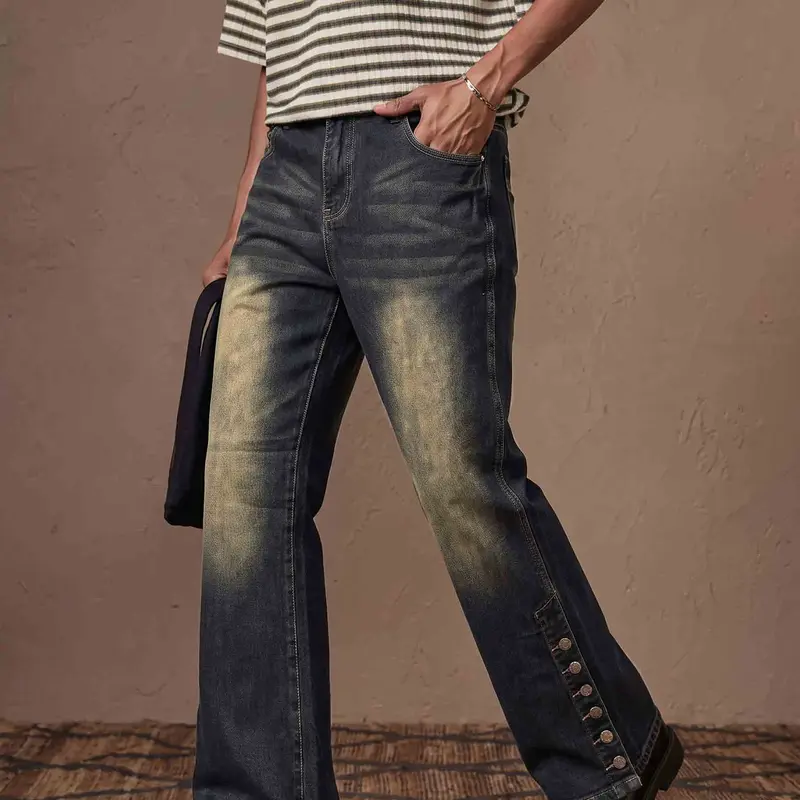 Men's Elastized Flared Jeans - Vintage Washed, Classic Retro 90s Look, Metal Button Decor, Regular Fit, Beige Pocket, Stretch Denim, All Season Casual Streetwear Bottoms for Tee & Hoodie Pairing