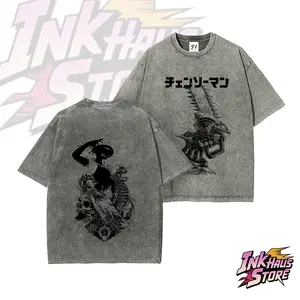 Denji x Reze Chainsaw Man Acid wash Anime Double Printed Vintage Washed Tee Unisex Oversize Anime Manga Heavyweight Cotton T-shirt