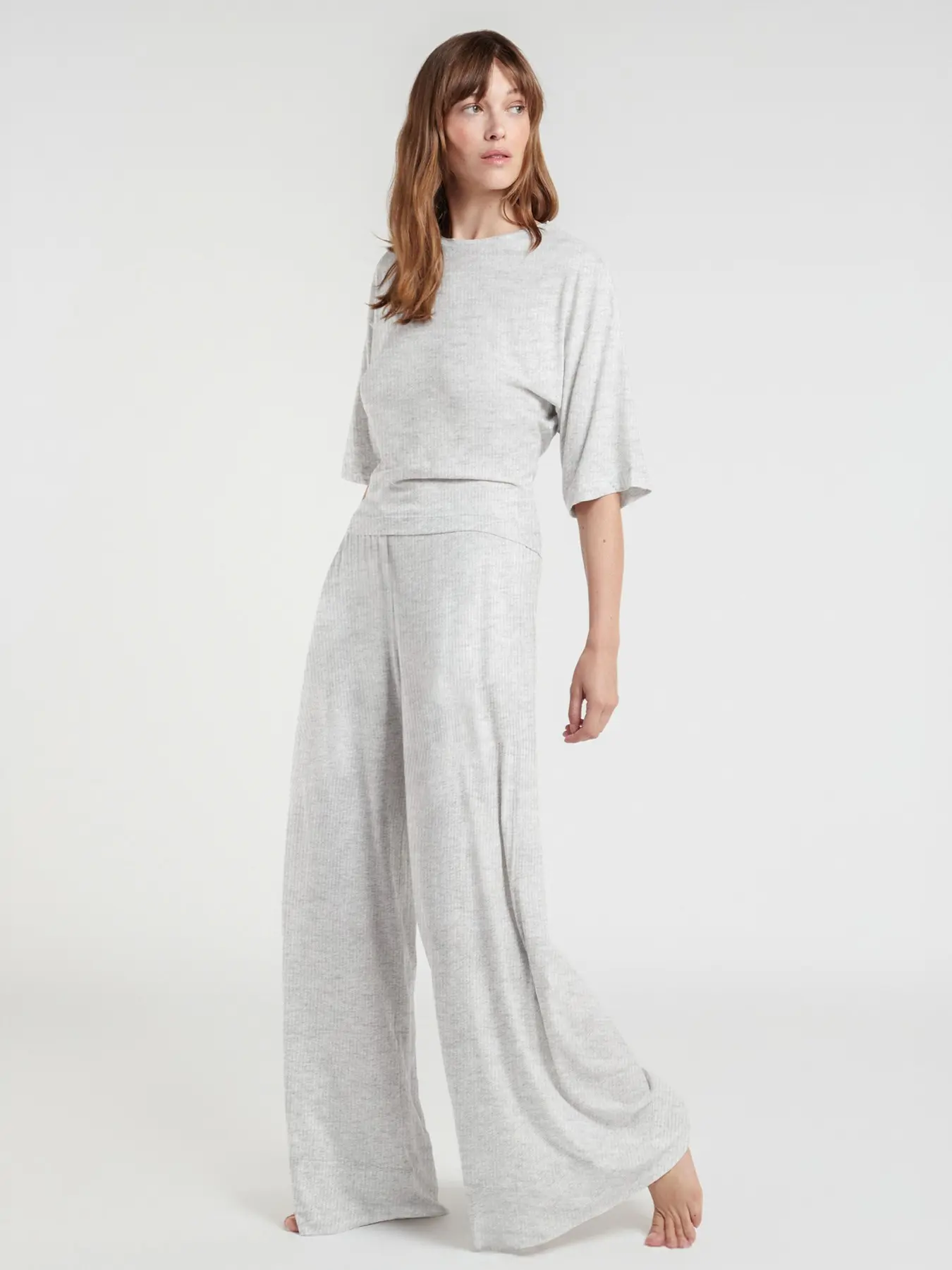 Round Neck Waist Cinched Mid- Sleeve Top + Wide Leg Pants Set, Wearable Sleepwear, Solid Color Summer Pajama Set, Loose-Fitting Modest Style   Loungewear Pjs