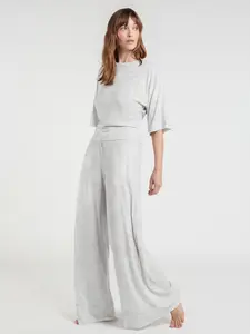 Round Neck Waist Cinched Mid- Sleeve Top + Wide Leg Pants Set, Wearable Sleepwear, Solid Color Summer Pajama Set, Loose-Fitting Modest Style   Loungewear