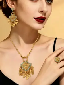 Bohemian Style Copper Alloy Gold Plated Pendant Necklace Earrings Ring Set, Blue Beads Tassel Design, Tassel Detailing, Women's Daily Wear Jewelry Gift