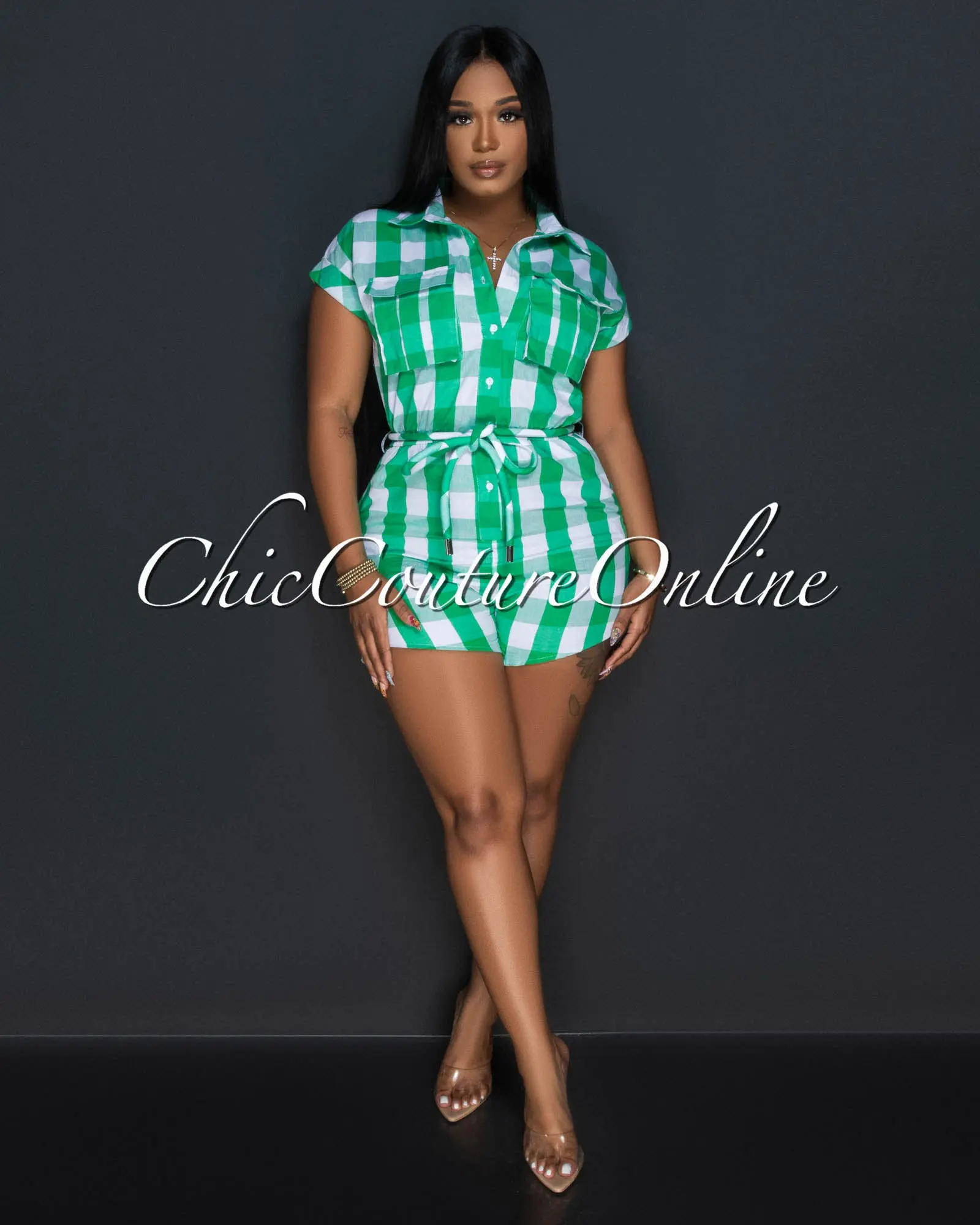 *Olinda Green White Plaid Print Utility Romper