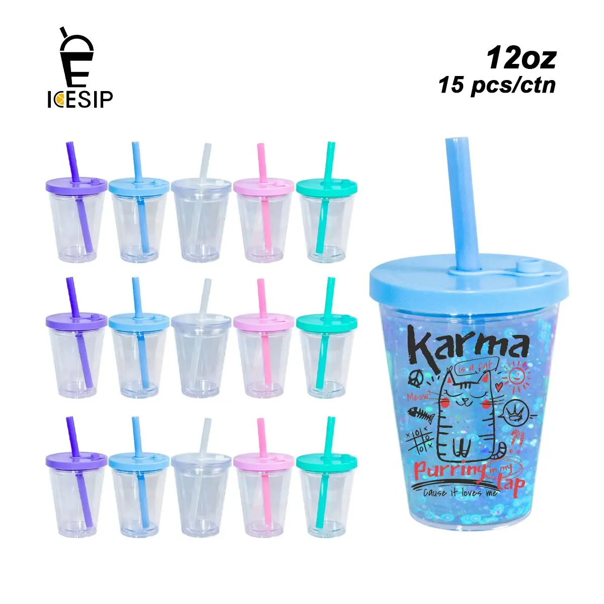 ICESIP 15-Pack 12oz Reusable Leak-Proof Snow Globe Double-Wall Plastic Tumbler Water Bottles, Washable Portable Cups with Mixed-Color Lids, Bubble Tea Straws, Festive Party Gift, Water Bottle
