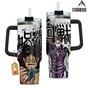 STORMMECH 40oz Choso JJK Insulated Portable Beverage Flask - Double-Wall Vacuum Stainless Steel, Manga Design, Washable Leakproof Straw Lid with Black Cap & Handle, 12H Hot/24H Cold Retention, Gift Drinkware, Insulation