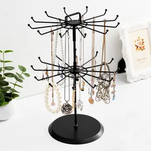 Black Metal Jewelry Tower Display Stand/Necklace Organizer w/ Hairclip Holder