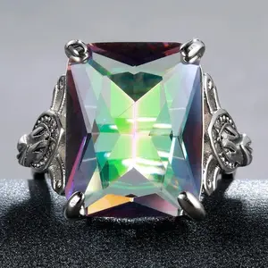 Huge Rectangle Rainbow Mystic Topaz Vintage Silver Ring
